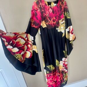 Floral Black Dress with Bell Sleeves